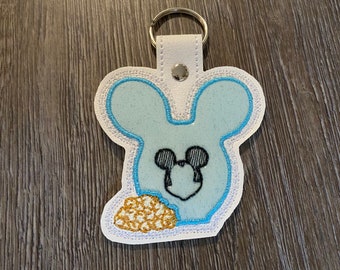 Mouse popcorn bucket key fob, embroidered key fob, keychain, magical keychain, mouse balloon bag tag keychain