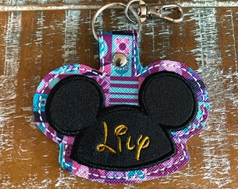 Mouse ears custom name key fob, embroidered key fob, keychain, magical keychain, luggage tag, backpack name tag