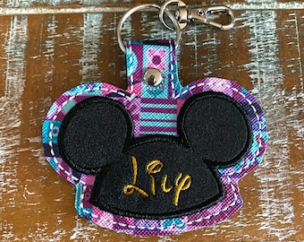 Mouse ears custom name bag tag, embroidered key fob, keychain, magical keychain, luggage tag, backpack name tag