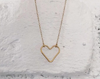 Gold heart necklace, open heart necklace, 14k gold filled wire necklace, Valentines jewelry, simple everyday jewelry