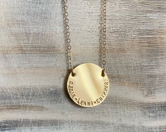 Gold filled disc necklace, custom 3/4” disc, children’s names, gift for mom, 14k gold filled, personalized jewelry, large disc necklace