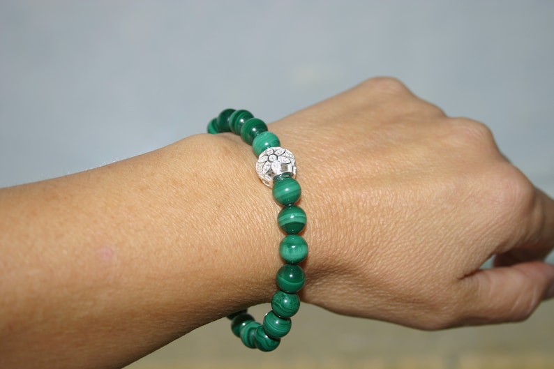 MALACHITE BRACELET...Cubic Zirconia Flower Bead Bracelet..