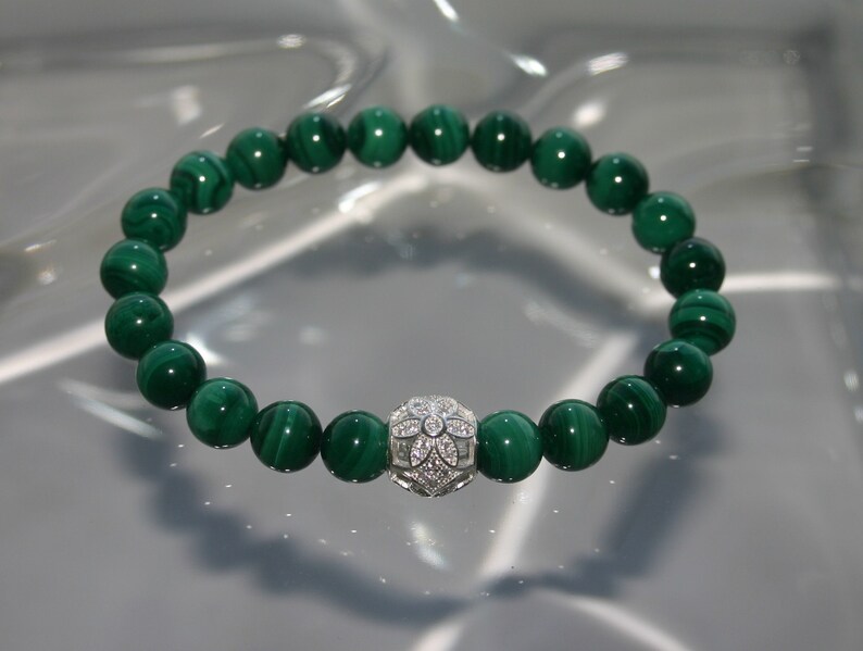 MALACHITE BRACELET...Cubic Zirconia Flower Bead Bracelet..