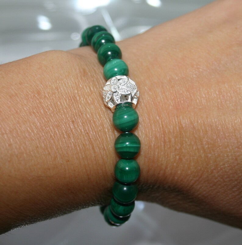 MALACHITE BRACELET...Cubic Zirconia Flower Bead Bracelet..