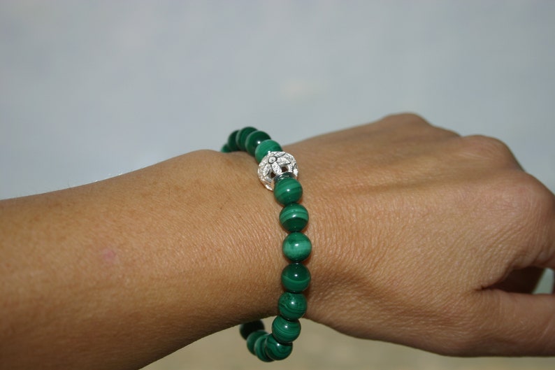 MALACHITE BRACELET...Cubic Zirconia Flower Bead Bracelet..