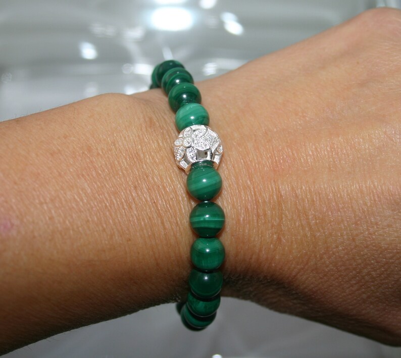 MALACHITE BRACELET...Cubic Zirconia Flower Bead Bracelet..