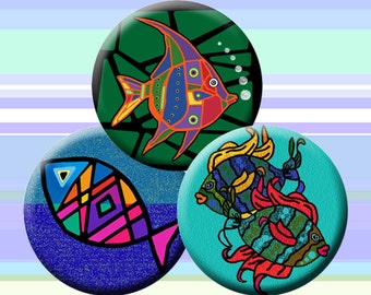 FUNKY FISH -  Digital Collage Sheet 1 inch round images for bottle caps, pendants, round bezels, etc. Instant Download #218.