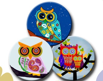 FUNKY OWLS - Digitalt collageark 2,5 cm cirklar för fickspeglar, magneter, pappersvikter, decoupage - Direkt nedladdning #245.