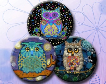 NIGHT OWLS - 5 sizes - 1.5", 1.25", 1", 30mm and 25mm round images for bottle caps, pendants, round bezels, etc. Instant Download #214.