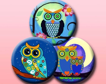 Funky Owls Collage Sheet: 1 inch Circles Digital Images (Instant Download)