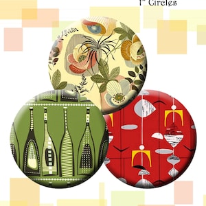 Op de afbeelding: Drie ronde cirkels van 2,5 cm met retro-patronen. De eerste cirkel heeft een groene achtergrond met een patroon van flessen. De tweede cirkel heeft een gele achtergrond met een bloemenpatroon. De derde cirkel heeft een rode achtergrond met een geometrisch patroon. De tekst "Fifties Retro 1" Circles" staat bovenaan de afbeelding. De tekst "designed by KergieCreations" staat onderaan de afbeelding.