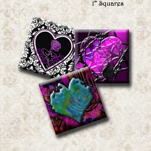 GOTHIC HEARTS -  Digital Collage Sheet 1 inch square images for pendants, scrap-booking, magnets, etc. Instant Download #212.