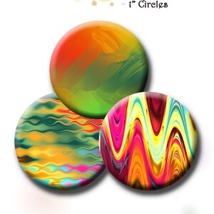 May include: Three 1-inch round abstract art circles. The first circle is a blend of orange, yellow, and green. The second circle is a blend of yellow, green, and blue. The third circle is a blend of red, yellow, and orange.