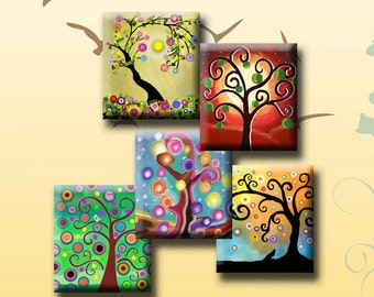 FUNKY TREES - Digital Collage Sheet .75 x .83 inch Scrabble Tile Images. Pendants, magnets, earrings, scrap-booking. Instant Download #60.