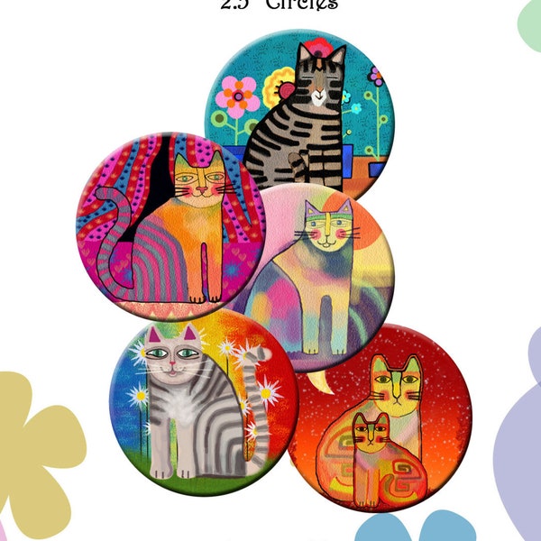 FUNKY CATS  -  2.5 inch Digital Collage Sheet for Pocket Mirrors, Magnets, Paper Weights - Printable Cat Images - Instant Download #213.