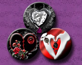 GOTHIC HEARTS -  Digital Collage Sheet 1 &1.5 inch round images for bottle caps, pendants, round bezels, etc. Instant Download #212.