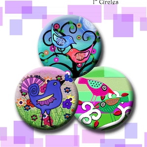 WHIMSICAL BIRDS -  Digital Collage Sheet 1 inch round images for bottle caps, pendants, round bezels, etc. Instant Download #219.