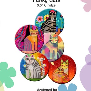 FUNKY CATS Printable Digital Collage Sheet 12 X 3.5 inch circles for Coasters, Greeting Cards, Gift Tags. Instant Download 213. image 1
