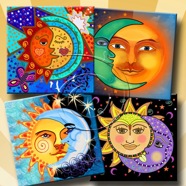 SUN AND MOON - Printable Digital Collage Sheet 12 X 4 inch squares for Coasters, Greeting Cards, Gift Tags.  Instant Download #220.