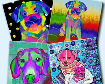 FUNKY DOGS -  Printable Digital Collage Sheet 12 X 4 inch squares for Coasters, Greeting Cards, Gift Tags.  Instant Download #216.