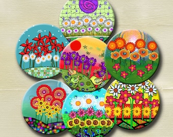 FUNKY FLOWER GARDENS - Digital Collage Sheet 2.5 inch round images for Pocket Mirrors, Magnets, Paper Weights - Instant Download #238.