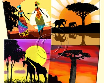 AFRICAN SUNSETS -  Printable Digital Collage Sheet 12 X 4 inch squares for Coasters, Greeting Cards, Gift Tags.  Instant Download #243.