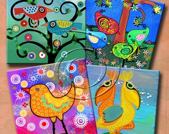 WHIMSICAL BIRDS -  Printable Digital Collage Sheet - 4 inch squares for Coasters, Greeting Cards, Gift Tags.  Instant Download #219.