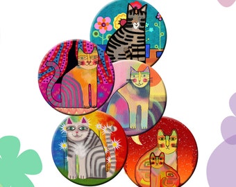 FUNKY CATS -  Printable Digital Collage Sheet 12 X 3.5 inch circles for Coasters, Greeting Cards, Gift Tags.  Instant Download #213.