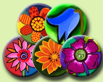 FLOWERS - Digital Collage Sheet  1.629 inch circles for 1.25" button and badge images.  Instant Download #225.