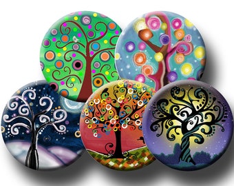 FUNKY TREES II -  Digital Collage Sheet  1.629 inch circles for 1.25 inch button and badge images.  Instant Download #60.