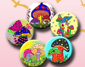 FUNKY MUSHROOMS- Digital Collage Sheet 1 inch round images for bottle caps, pendants, earrings, round bezels, etc. Instant Download #297.