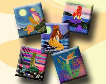 MERMAIDS -  Digital Collage Sheet Scrabble Tile images (.75" x .83") for pendants, earrings, charms, arts & crafts.  Instant Download #288.