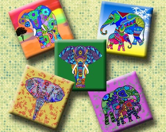 ELEPHANTS -  Digital Collage Sheet 1 inch square images for pendants, charms, key fobs, decoupage etc. Instant Download #269.