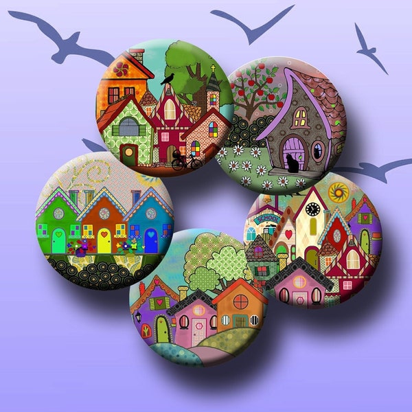 FUNKY VILLAGES -  Digital Collage Sheet 1 inch round images for bottle caps, pendants, round bezels, etc. Instant Download #292.