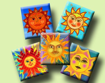 FUNKY SUNS -  Digital Collage Sheet Scrabble Tile Images (.75" x .83") for earrings, pendants, magnets, decoupage. Instant Download #262.