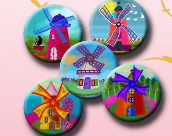 FUNKY WINDMILLS - Digital Collage Sheet 1 inch round images for bottle caps, pendants, earrings, round bezels, etc. Instant Download #267.