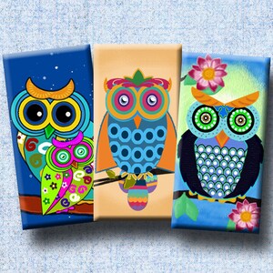 FUNKY OWLS  -  Digital Collage Sheet Domino Images (1" x 2") for pendants, decoupage, magnets, scrap-booking. Instant Download #245.