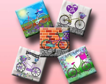 I LOVE BICYCLES - Digital Collage Sheet - 1 inch square images for earrings, pendants, charms, etc. Instant Download #289.