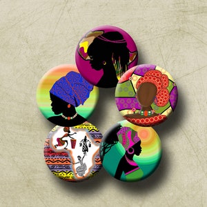 May include: Six 1-inch round buttons featuring colorful designs of African women with different hairstyles and clothing. The text "African Woman 1" Circles" is at the top of the image. The text "designed by KergieCreations® www.kergiecreations.etsy.com" is at the bottom of the image.