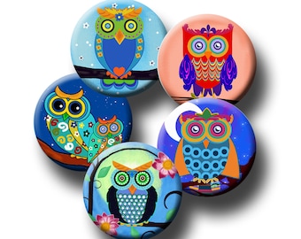 FUNKY OWLS - Digitalt collageark 1,313 tums runda bilder för 1-tums knappar. Direktnedladdning #245.