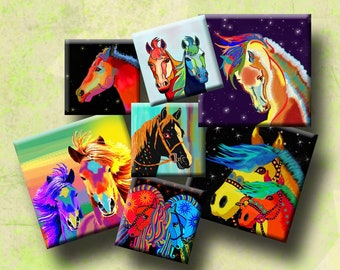 FUNKY HORSES -  Digital Collage Sheet 1 &1.5 inch square images for key fob charms, pendants, decoupage, earrings. Instant Download #293.