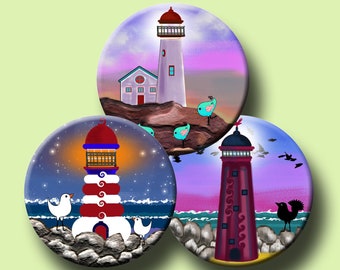 FUNKY LIGHTHOUSES - Digital Collage Sheet 2 inch round images for cake toppers, pendants, decoupage. Instant Download #265.