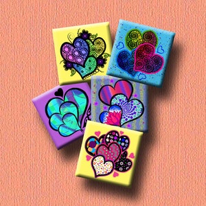 HEART CLUSTERS -  Digital Collage Sheet 1 inch square images for pendants, fridge magnets, earrings, key fob charms. Instant Download #275.