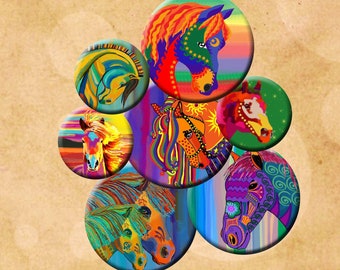 FUNKY HORSES -  Digital Collage Sheet 1 &1.5 inch round images for bottle caps, pendants, round bezels, earrings. Instant Download #293.