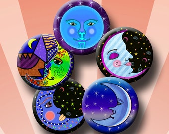 FUNKY MOONS -  Digital Collage Sheet 1 inch round images for bottle caps, pendants, round bezels, etc. Instant Download #263.