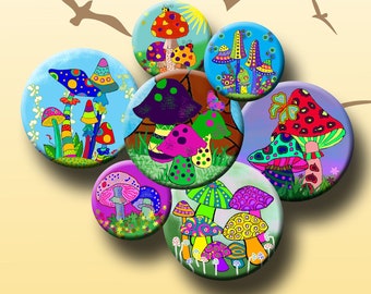 FUNKY MUSHROOMS- Digital Collage Sheet 1" & 1.5" round images for bottle caps, pendants, earrings, round bezels, etc. Instant Download #297.