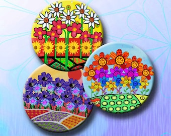 FUNKY FLOWER GARDENS -  Digital Collage Sheet 2 inch round images for cake-toppers, pendants, round bezels. Instant Download #238.