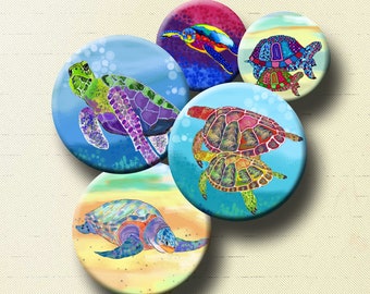 FUNKY TURTLES -  Digital Collage Sheet 1" and 1.5" round images for bottle caps, pendants, round bezels, etc. Instant Download #260.