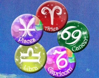 ZODIAC SIGNS -  Digital Collage Sheet 1 inch round images for bottle caps, pendants, round bezels, etc. Instant Download #251.