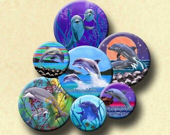 DOLPHINS -  Digital Collage Sheet 1" and 1.5" round images for bottle caps, pendants, round bezels, etc. Instant Download #290.